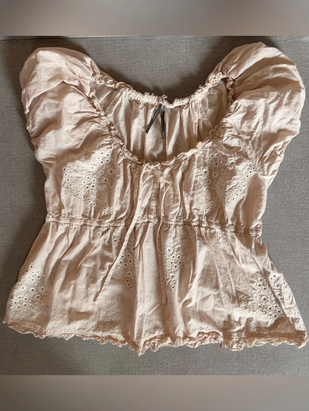 Anthropologie Blush Eyelet Puff-Sleeve Peplum Top